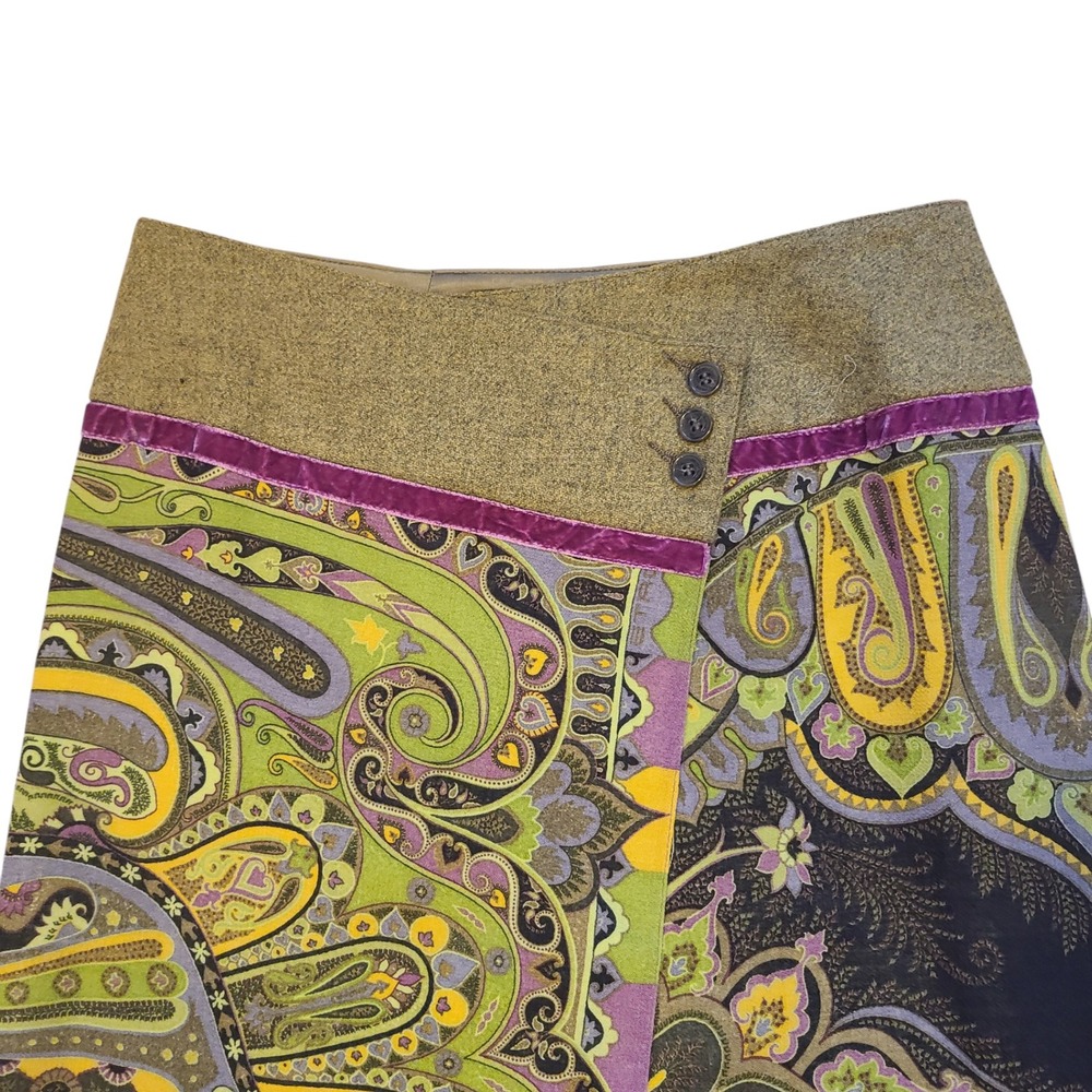 Etro Milano 100% Wool Paisley Wrap Midi Skirt Green Purple IT 42 Italy luxury - Picture 2 of 6